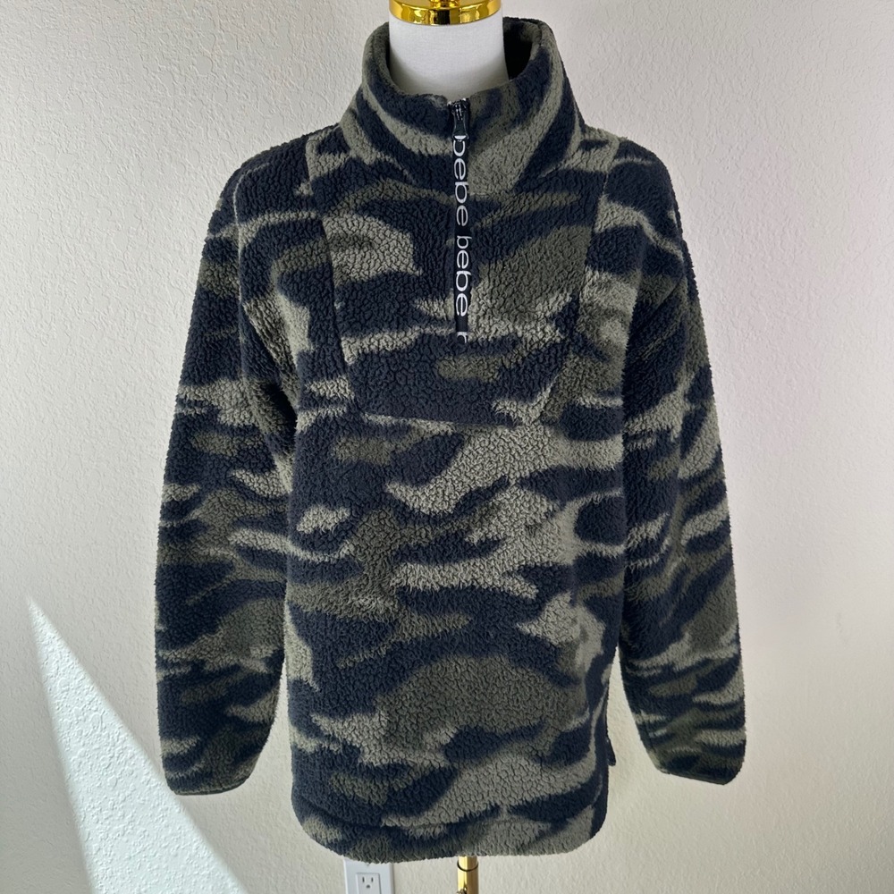 Bebe Sport Sherpa Pullover Women M Green Camo‎ Gorpcore Fleece Quarter Zip Top